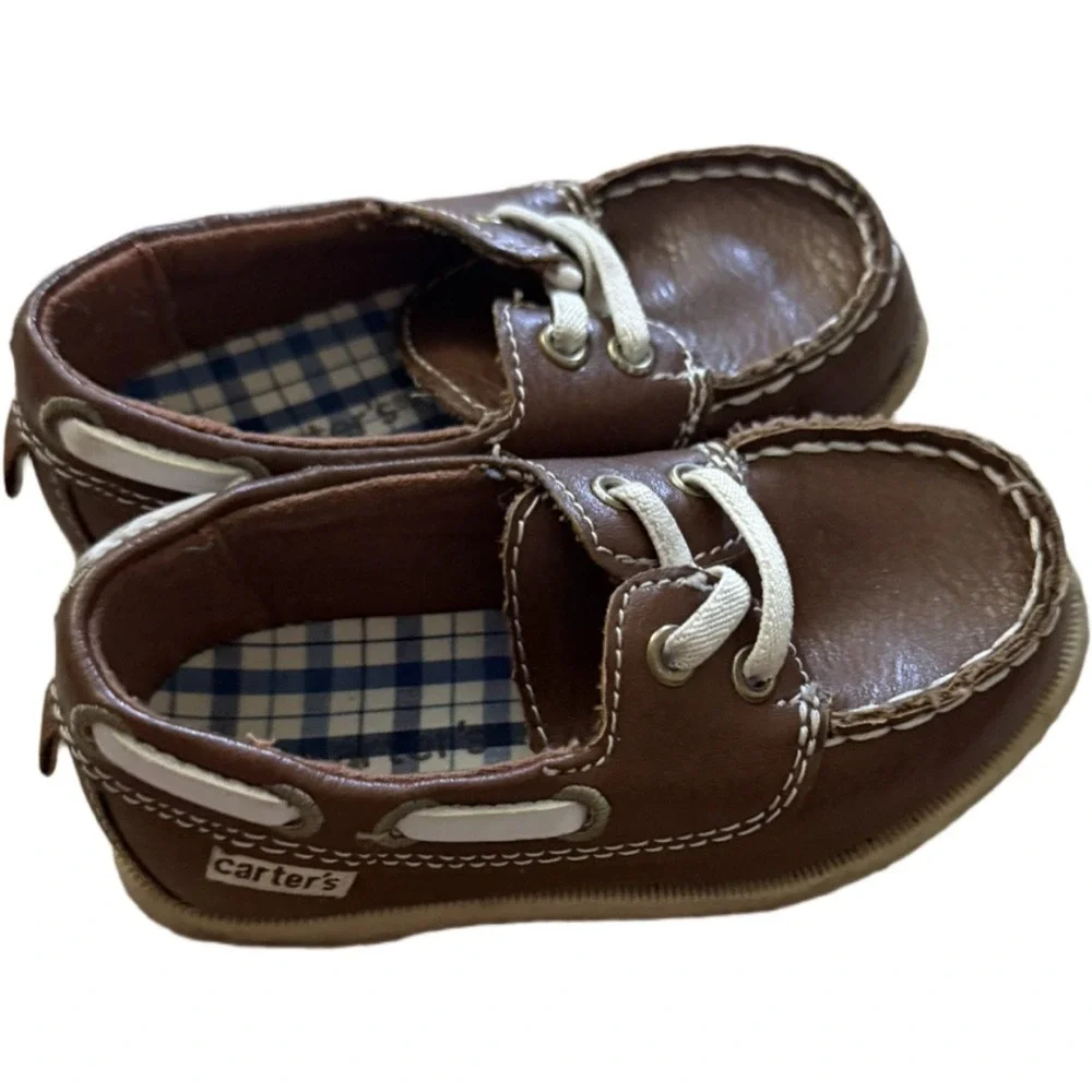 Carter's Toddler Boat Shoes Brown Faux Leather Lace Loafers Size 6 Boys Preppy